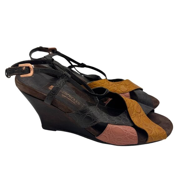Aerosoles Wedge Sandals 8.5 Black Brown Orange Croc Embossed Leather Straps - Picture 5 of 8